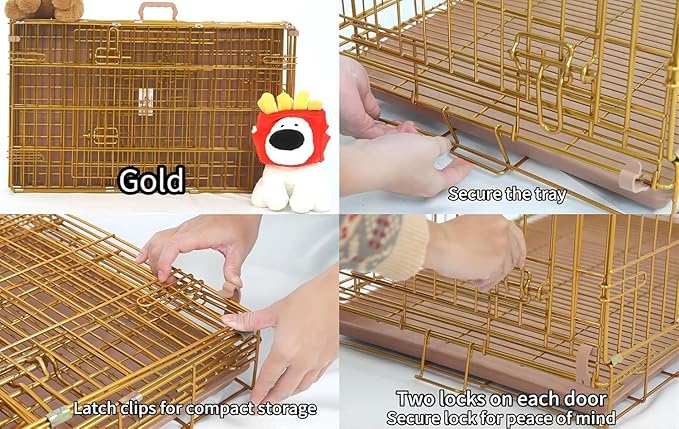 HOMEY PET Copper Gold Dog Crate 42 Inch, Portable Folding Metal Wire Dog Kennel Pet Dog Cage with Removable Floor Grid, Pull-Out Tray, Double Doors, Handle for Large Dogs, Indoor Outdoor