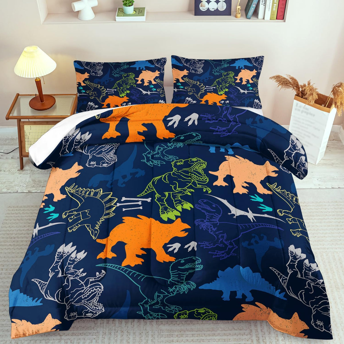 Blue Dinosaur Comforter Set King Boys,Cute Dinosaur Bedding Set King for Kids,Kawaii Dragon Comforter Blue Bedroom Decor,Cute Animal Bedding Kawaii Animal Quilt Boys