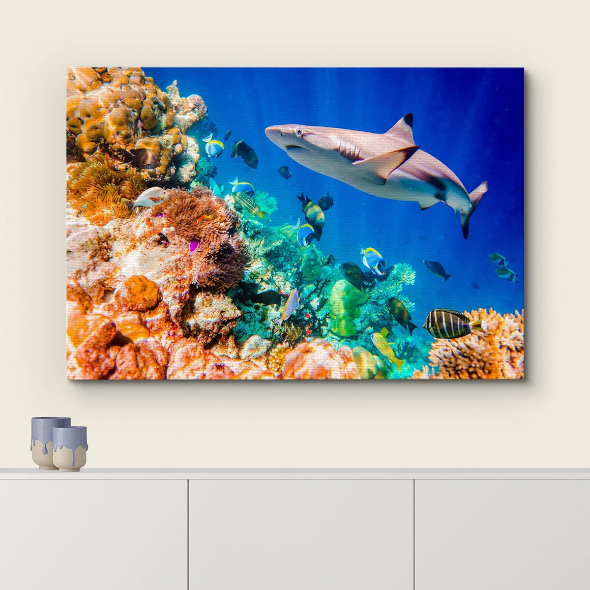wall26 Canvas Print Wall Art Shark Fish Multicolor Coral Reef Ocean Sea Nature Animals Photography Realism Rustic Scenic Landscape Wilderness Earth for Living Room, Bedroom, Office - 32"x48"