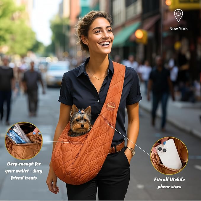Small Dog Carrier Sling – Copper Brown Hands‑Free 2‑in‑1 Cross‑Body & Handheld Pet Sling for Small Dogs up to 10 lbs, Parachute‑Grade Rip‑Stop Nylon, Padded Strap & Safety Tether
