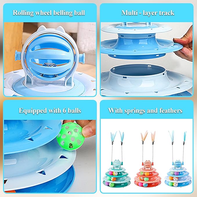 Vealind Cat Toy Roller 4-Level Turntable Cat Toys Balls with Colorful Pom Pom Balls Interactive Fun Mental Physical Exercise Puzzle Kitten Toys (Blue)