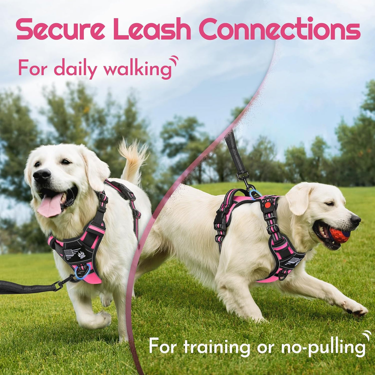 Eagloo Dog Harness Medium Sized, Easy Wearing with 3 Buckles, Adjustable No Pull Pet Harness with 2 Rings for Walking, No Chock Reflective Soft Padded Vest with Control Handle, Pink & Black, M