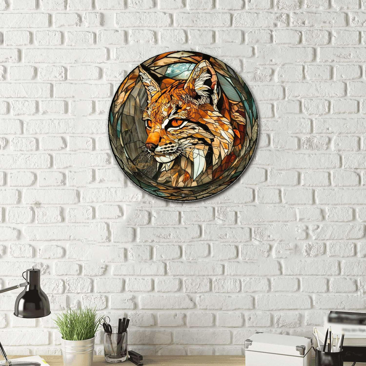 Lygond Metal Sign Tin Sign Circular Stained Glass Bobcat Funny Outdoor Decor for Club 8×8 Inches