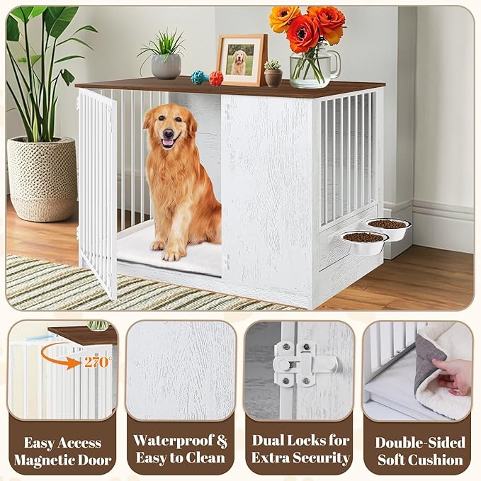 Dog Crate Furniture for Large Dogs, 36" Indoor Wooden Dog Kennel with 270° Swivel Door & 360° Rotating Feeder, Decorative Heavy Duty Dog House with Double Locks & Bowls, White