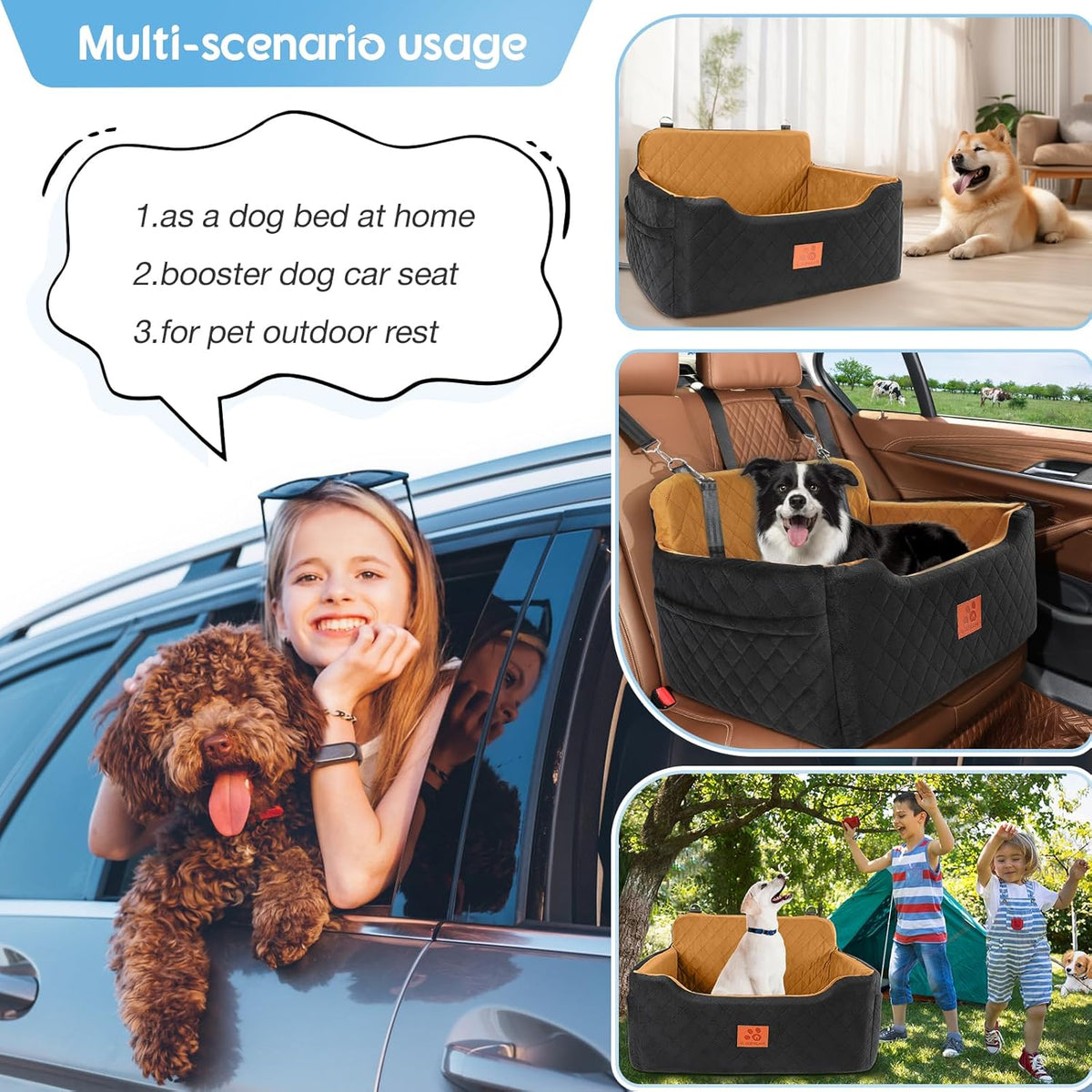Dog Car Seat for Medium/Large Dogs,Dog Booster Seat for Dog Under 50lbs or 2 Small Dogs, Detachable and Washable Pet Car Seat,Multi-Functional Travel Dog Bed & Dog Sofa(Black/Brown)