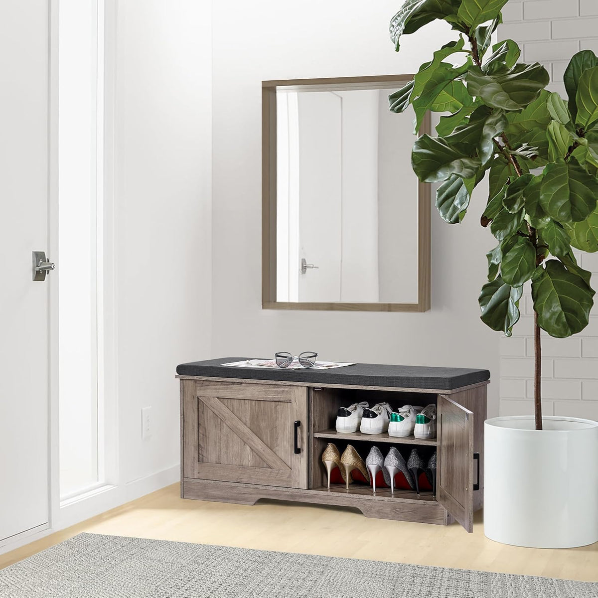 2-Tier Storage Bench, Shoe Bench with Padded Seat Cushion, Entryway Bench with 2 Barn Doors, Adjustable Shelf, 13.8" D x 39.4" W x 17.7" H, for Entryway, Living Room, Bedroom, Greige
