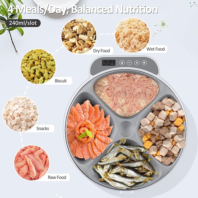 Automatic Cat Feeder Wet Food, Battery Operated Auto Wet/Dry Food Feeder with 2 Ice Packs, Cordless Programmable Timer Pet Auto Dispenser for Cat and Small & Medium Dog (4-Meals & Battery Included)