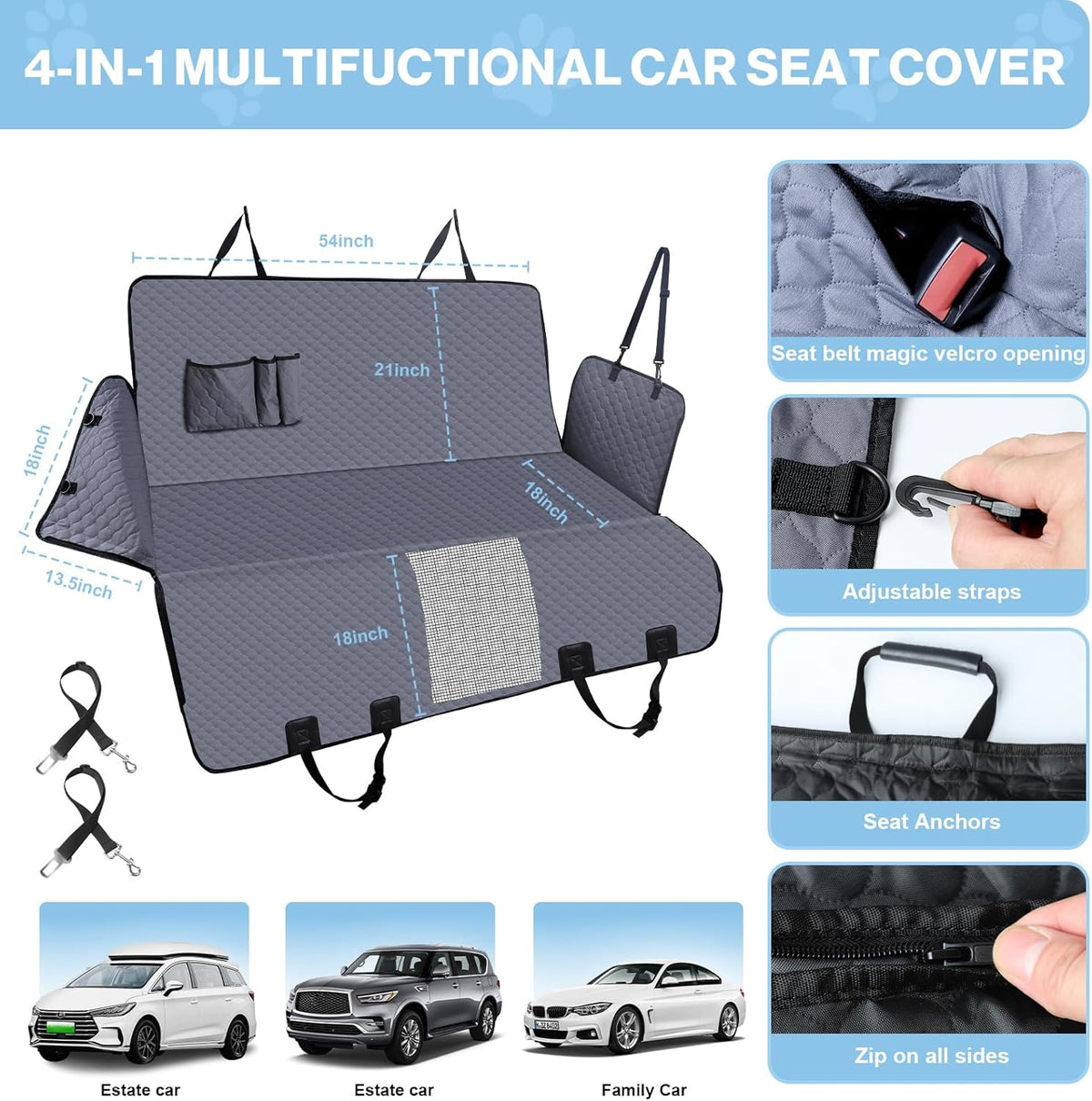 Dog Car Seat Cover for Back Seat, Waterproof Protector with Side Flaps, Scratchproof Hammock, Non-Slip Bottom for Cars/Trucks/SUVs (Grey)
