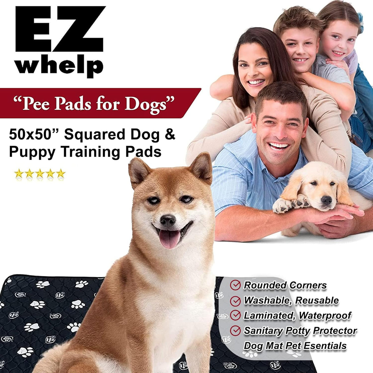 EZwhelp Reusable Dog Pee Pads, Washable Waterproof Mats for Dog Potty Training or Whelping Pads, 50x50 Inch, 2 Pack