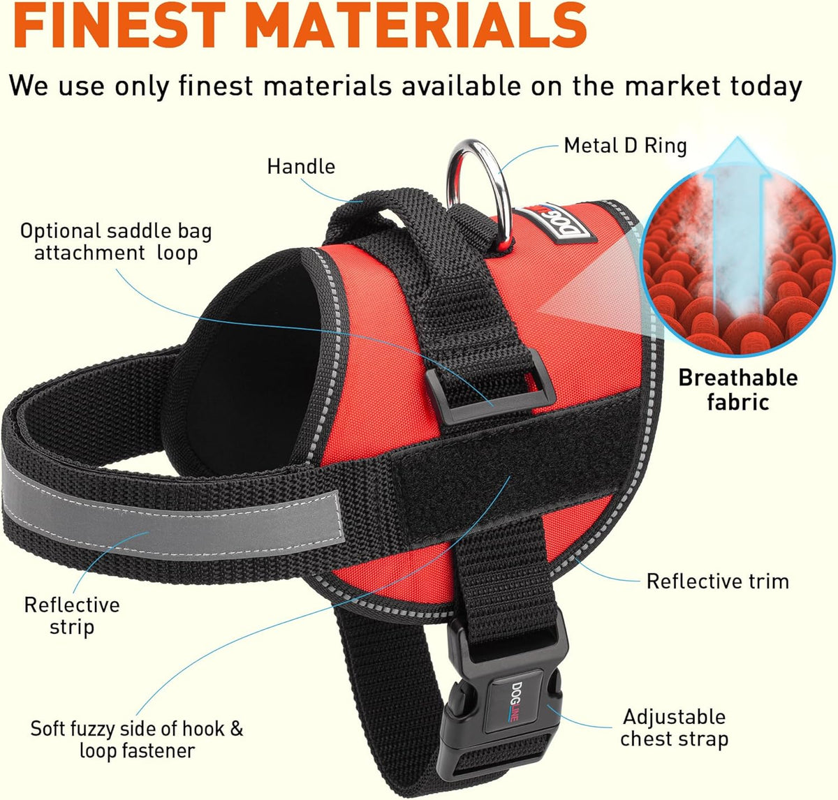 Dogline Dog Harness, Reflective No-Pull Adjustable Vest with Handle for Walking, Training, Service Breathable No - Choke Harness for Small, Medium or Large Dogs Room for Patches Girth 15 to 18 in Red