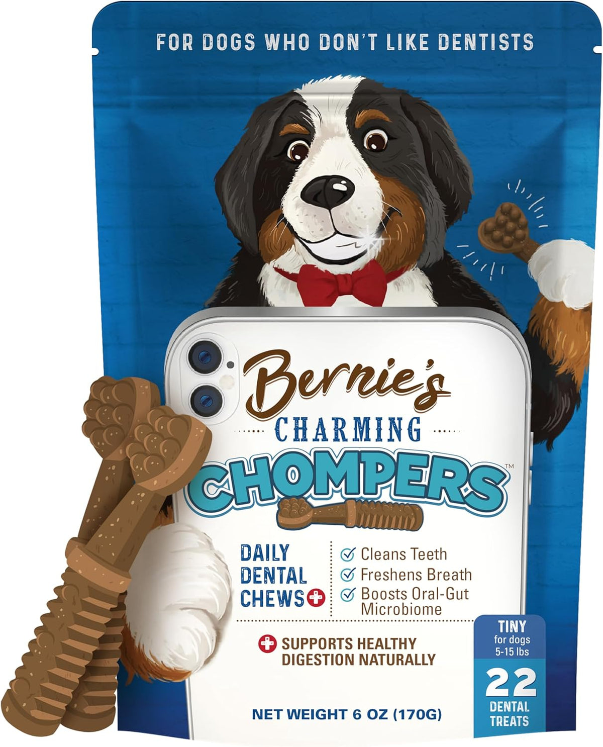 Bernie's Charming Chompers - Daily Dental Chews for Dogs 5-15 Lbs. - 22 Count - Cleans Teeth, Freshens Breath, + Boosts Oral-Gut Microbiome. Easy to Digest, Supports Healthy Digestion Naturally