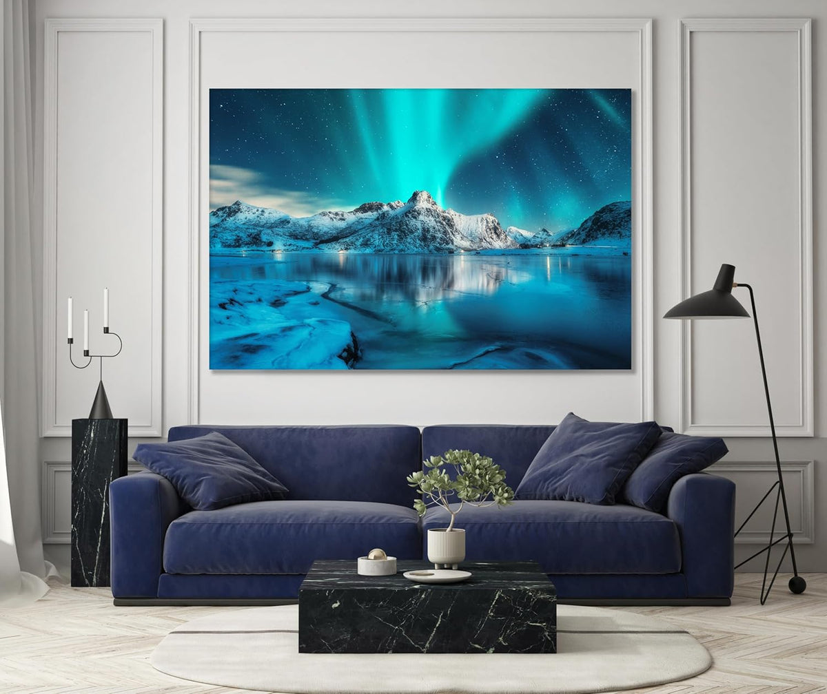 Nature Wall Art Prints - Ocean Forest Mountain Lake Canvas Landscapes - Small to Extra Large Living Room Bedroom Kitchen Bathroom Décor (Northern Lights Over Lake, 16L" x 24W")
