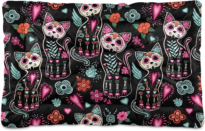 Gothic Cat Sugar Skull Pet Bed Cute Dog Bed Mat Absorbing Non Slip Pad Pet Sleeping Mat for Small, Medium, and Large Dogs Puppy Cat 24 in x 18 in