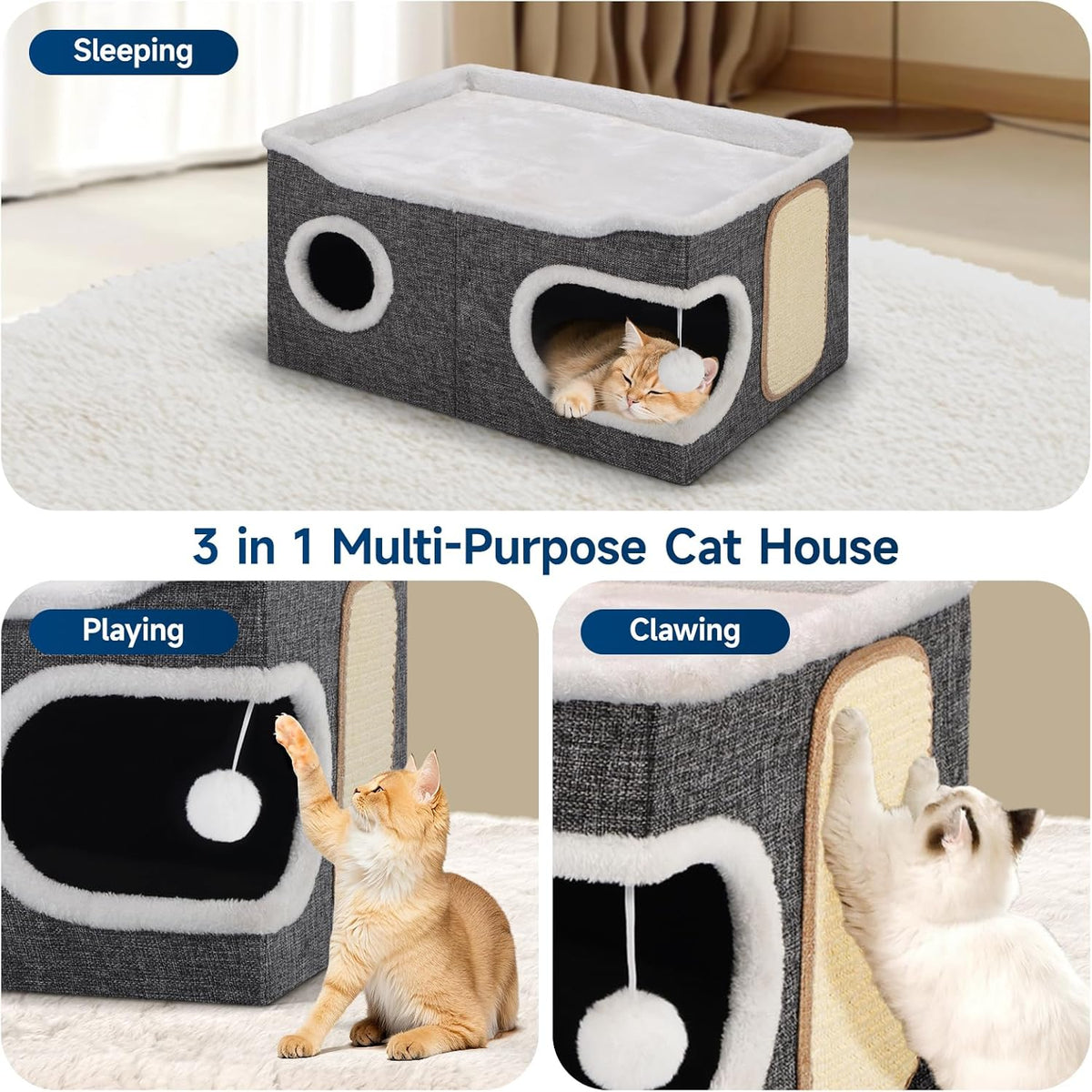Cat Beds for Indoor Cats, Extra Wide Cat Cube House for Multi Cats, Foldable Cat Cave Hideaway with Arc-Edge Design & Oval Door, Double-Side Soft Cushion for All Seasons, 24"L x 17.7"D x 12.6"H, Grey