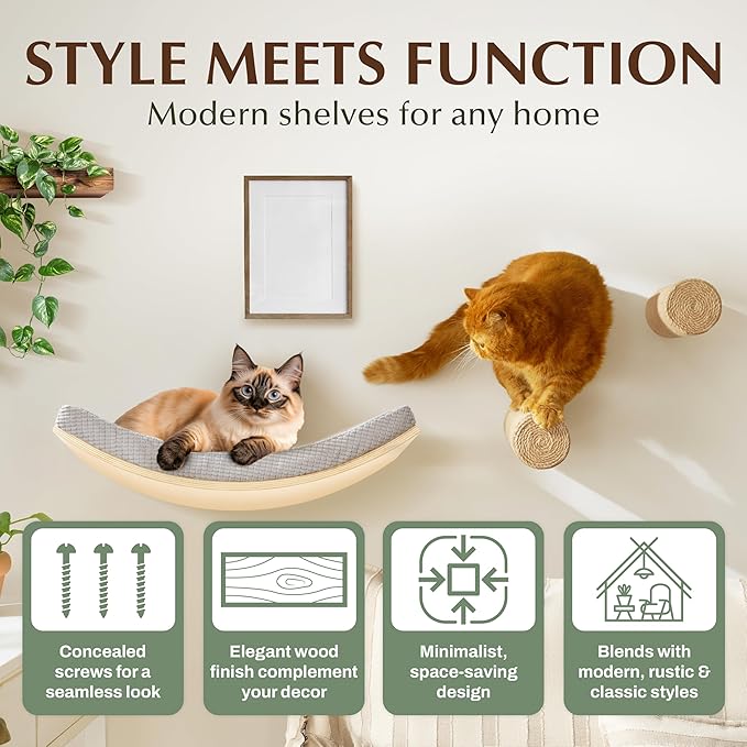 Extra Large 23.6”×14.6” CALLICO HAVEN- Stylish Cat Wall Shelves with Curved Design, Modern Wall-Mounted Cat Tree Hammock with Soft Cushion, Sturdy/Hidden Mounts, Washable Cover, Sleek Design -C Shape