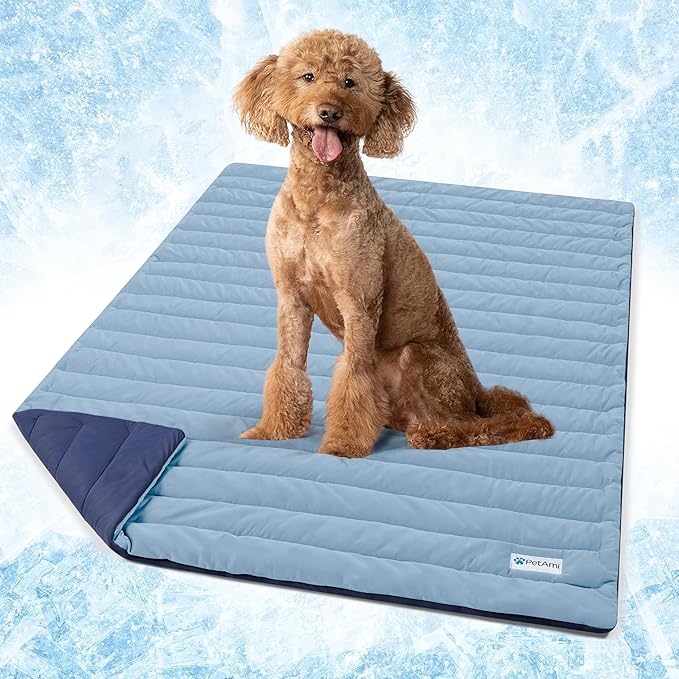 PetAmi Cooling Mat for Dog, Premium Pet Cooling Blanket for Crate Kennel, Indoor Cat Cool Sleeping Pad, Q-MAX Cold Sofa Couch Cover for Summer, Navy/Dusty Blue, Large (40x60)