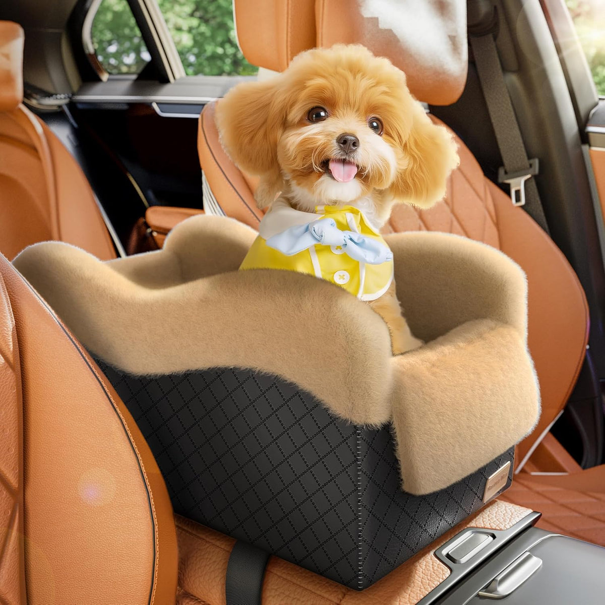 Portable Small Dog Seat for Car,Luxury Center Console Dog Car Seat Booster with Safety Tethers,Auti-Collapse Pet Travel Carrier for SUV,Truck.(Black/Brown)