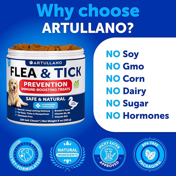 Flea and Tick Prevention for Dogs Chewables - Natural Flea Treatment Control - Supplement for Large & Small Dogs with Vitamins - Immune Support Chews - Puppy Pest Defense Oral Pills - 120 Soft Treats
