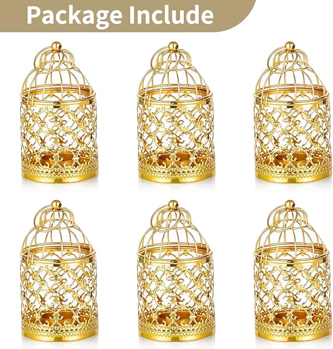 6 Pcs Small Metal Tealight Hanging Birdcage Lantern, Vintage Decorative Centerpieces of Wedding, Party, Gold