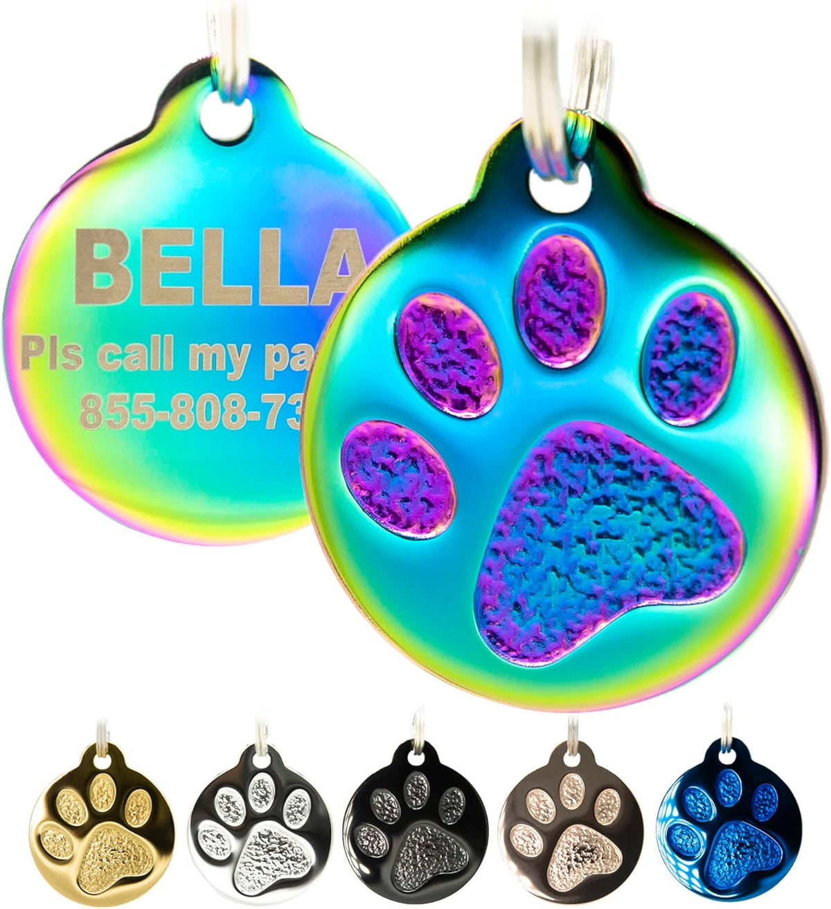 Engraved Pet Tag for Dogs and Cats - Personalized Front & Back up to 4 Lines of Text Custom Engraved ID, Round Paw Print Solid Plating Stainless Steel Nebula Small
