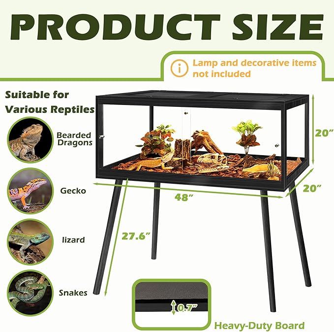 PROLEE Bearded Dragon Tank with Leg,Tempered Glass Lizard Tanks and Reptile Enclosure,Up to 78 Gallon Reptile Tank with Metal Mesh and Lockable Door for Snakes,Chameleon (Black, 78Gallons,48inch)