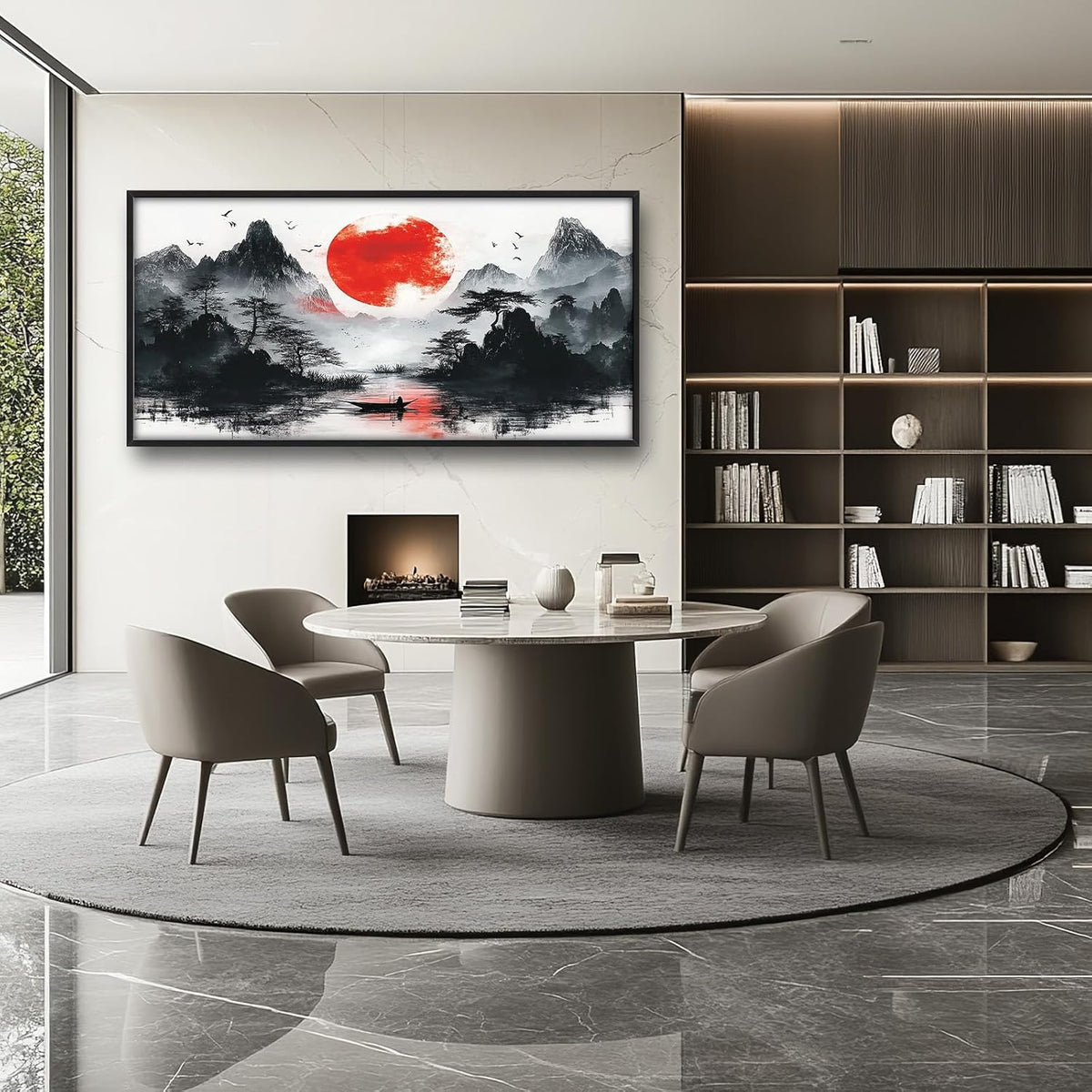 Framed Large Japanese Mountain Wall Art for Living Room, Oversized Asian Red Sun Lake Landscape Wall Decor Nature Canvas Painting Home Decoration for Living Room Bedroom Office 60"x30"
