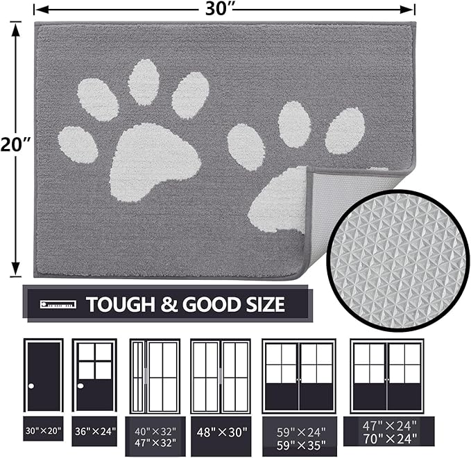 Buganda Dog Door Mat for Muddy Paws, Absorbent Dirt Trapper Washable Indoor Doormats, Non Slip Low-Profile Mud Mat for Dogs, Front Entrance Doormat for Inside Floor (40x32 Inches, Light Grey)
