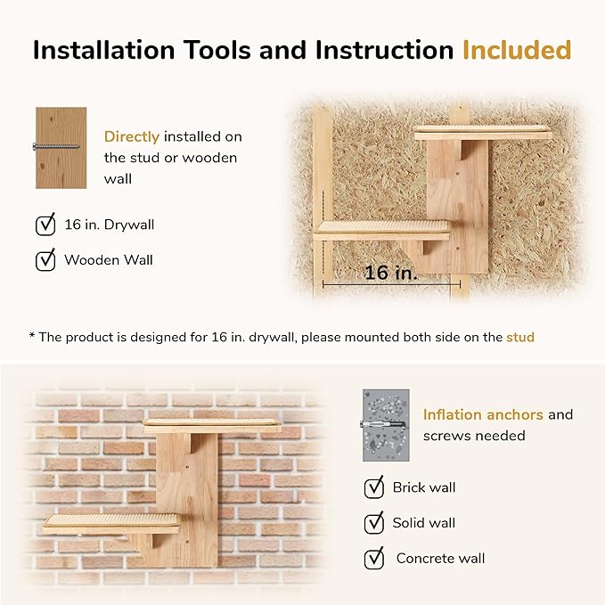 FUKUMARU Cat Wall Shelves, 2 Platform Kitten Wall Furniture, Tree Shape Wall-Mounted Floating Shelf with Sisal Mat, Solid Rubber Wood Cats Perch for 16 Inch Drywall, Suitable for Climb, Play, Nap