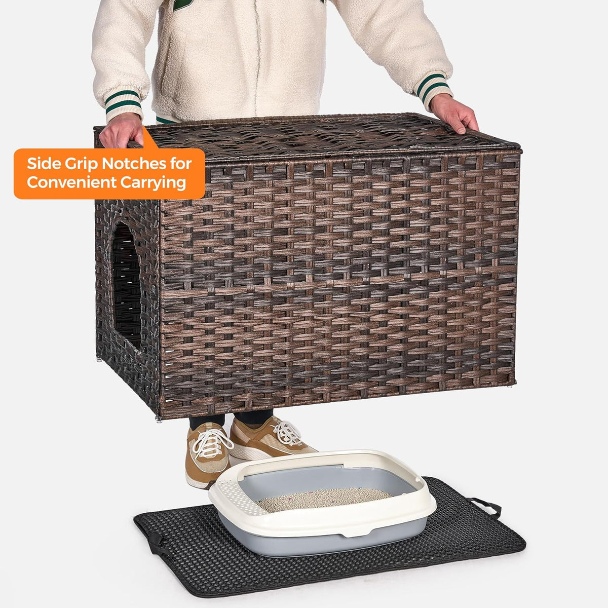 Cat Litter Box Enclosure with Litter Trapping Mat; Handwoven Plastic Rattan Kitten House; No Installation Hidden Cat Washroom; Pet Crate for Balcony,Bedroom,Living Room