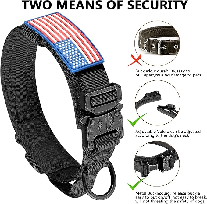 DAGANXI Tactical Dog Collar, Adjustable Military Training Nylon Dog Collar with Control Handle and Heavy Metal Buckle for Medium and Large Dogs, with Patches and Airtags Case (L, Black)