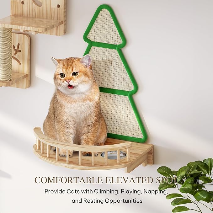 Cat Wall Shelves, Cat Wall Furniture Pine Wooden Feline Shelf, 13 Piece Shelves and Perches with Bowl, Warmer Mat, Condo, House, Steps and Cat Scratcher