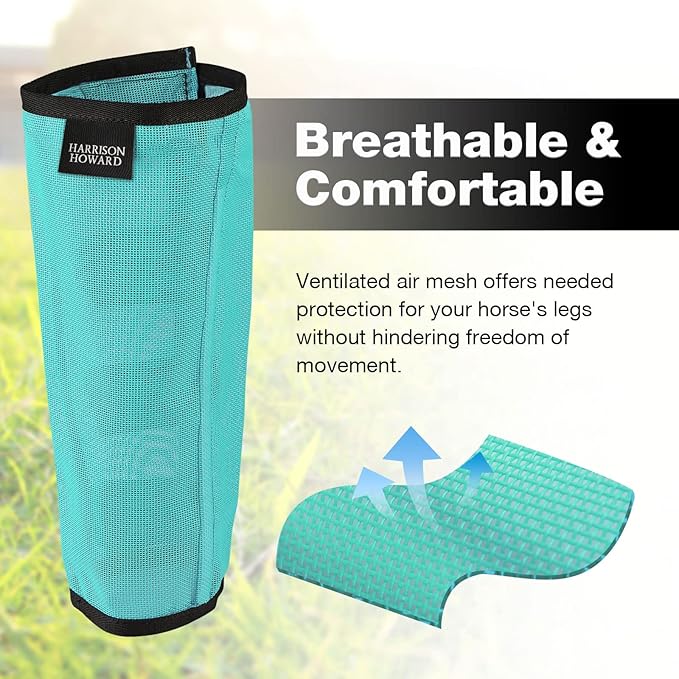 Harrison Howard Loose Fitting Fly Boots UV-Protective Extra Tough Mesh Ventilated Four Fasteners Stay-on Design Protect Horse Legs & Stomp-Reducing Set of 4 Mint Pony