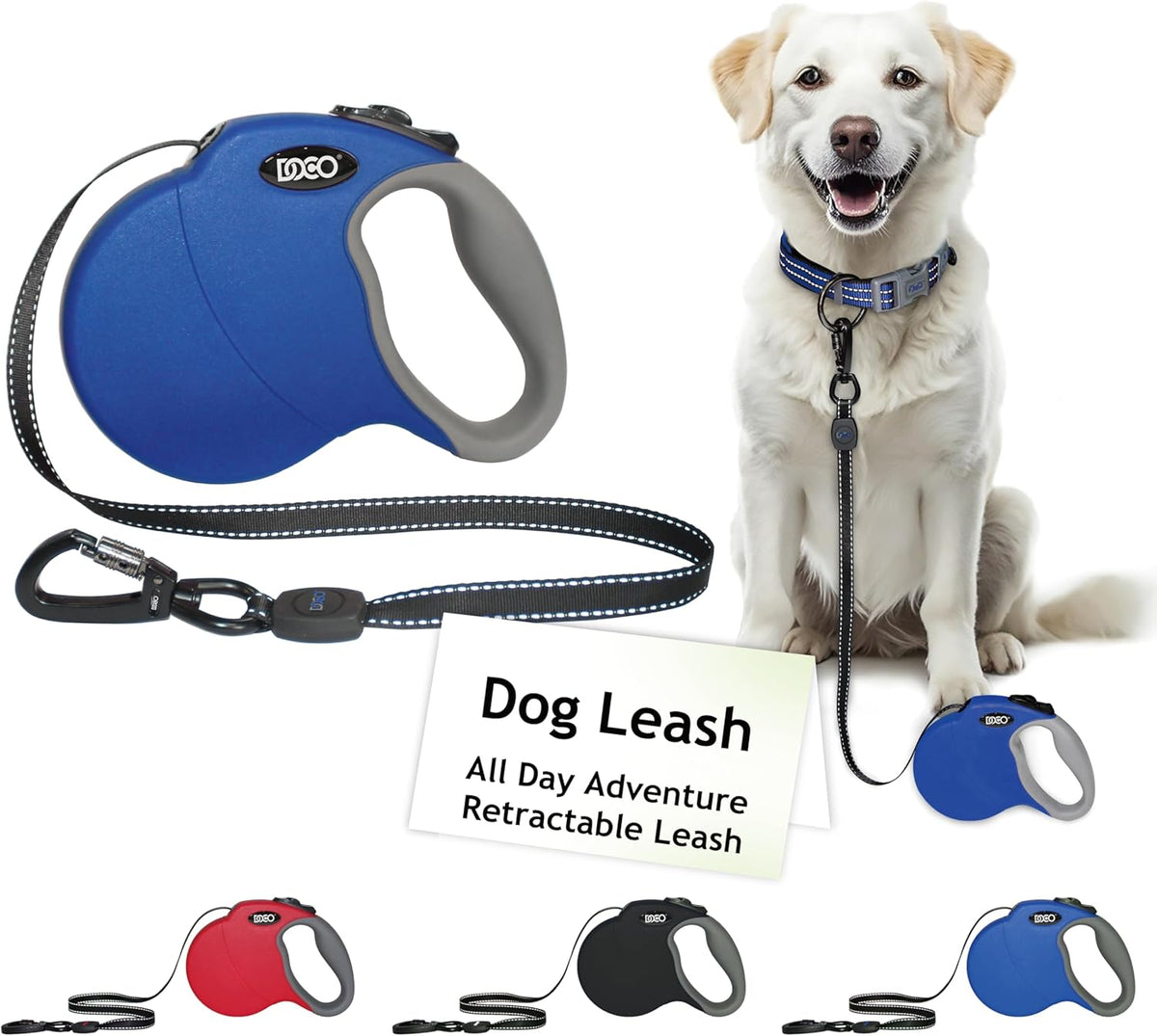 DOCO Retractable Dog Leash for Large Dogs (Length - 13ft, Weight - Upto 22lb) Reflective Tape Lead with Stop and Lock Control, Tangle Free 360° Swivel Snap & Anti-Slip Grip (Black, Small)