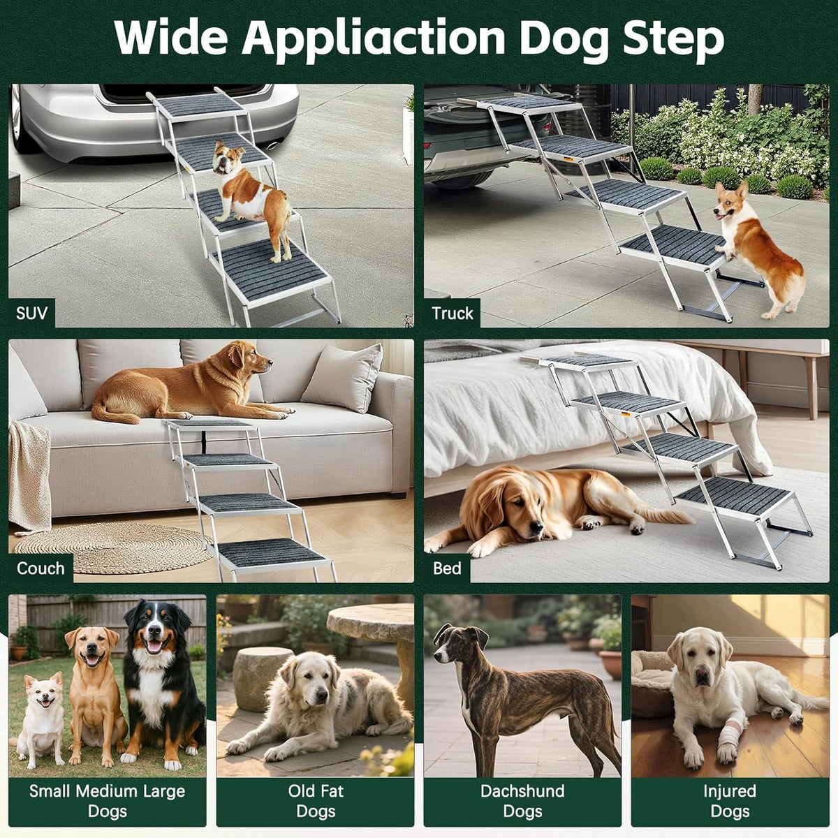 Dog Stairs for Car, Extra Wide Stairs for Large Dogs, Pet Steps Aluminum Foldable Dog Steps for Cars and SUV, High Beds, Trucks, Supports up to 200 lbs (Extra Wide-4 Steps)