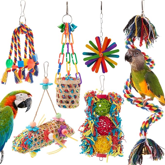 RLRICH 6 Pack Bird Colorful Chewing Toys Parrot Foraging Shredder Toys Shred Hanging Foraging Toys,Comfy Perch Parakeet Toys for Rope Bungee Bird Toy