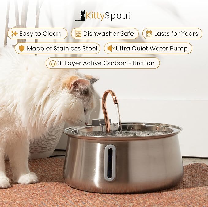 Stainless Steel Cat Water Fountain Automatic Drinking Fountain, Quiet Circulating Water Bowl, Dishwasher Safe, Indoor Pet Fountain for Hydrated Healthy Cats (Stainless Steel, 4L Corded)