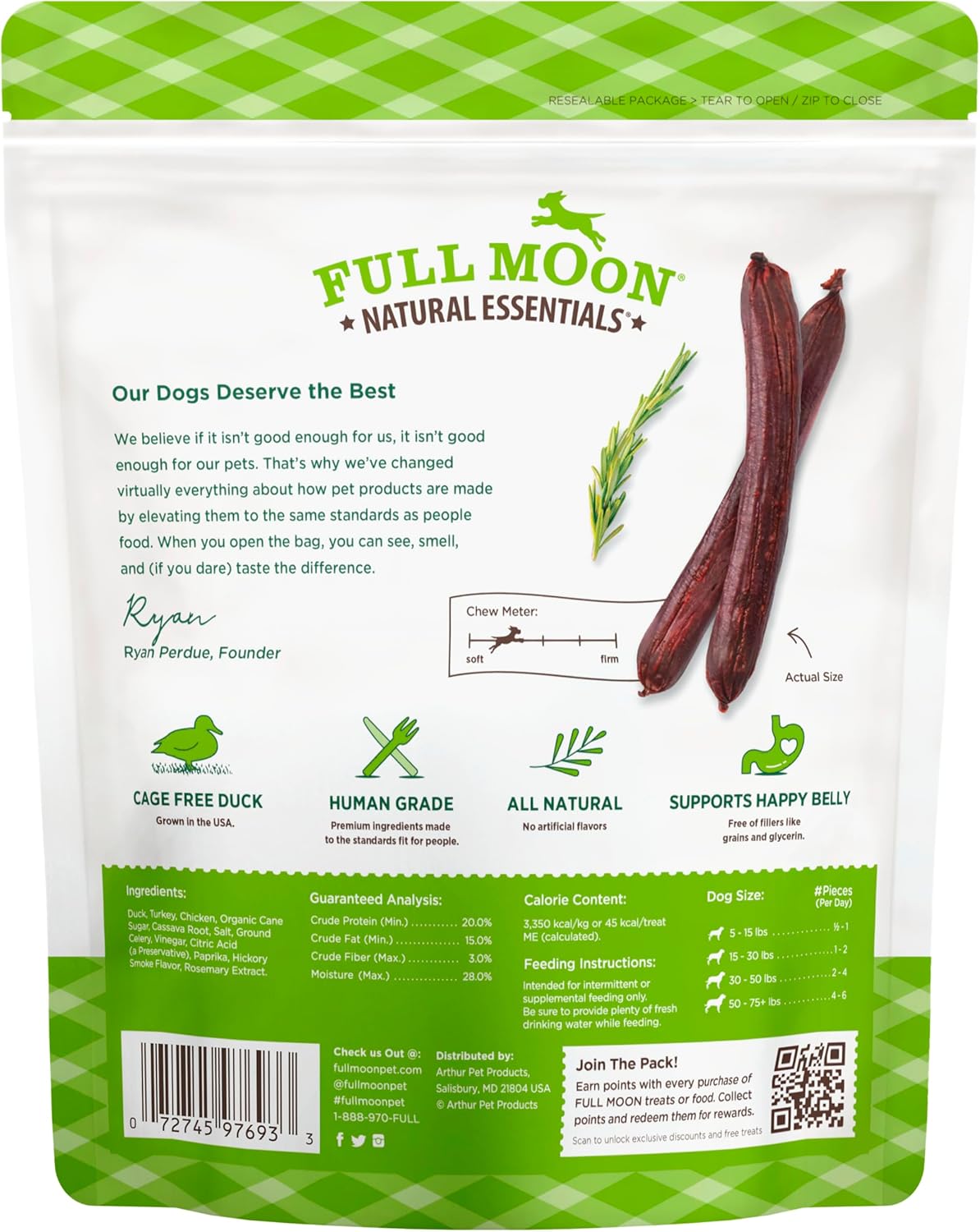 Full Moon All Natural Human Grade Dog Treats, Essential Duck Savory Sticks 14.0 oz