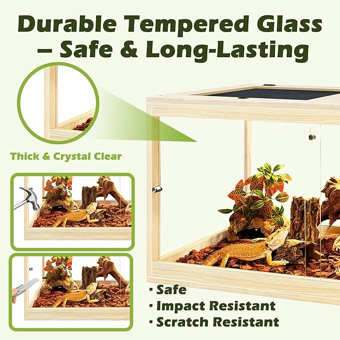 Prolee Tempered Glass Bearded Dragon Tank 37 Gallon, Lizard Tank, Reptile Tank with Metal Mesh Roof Door, Snake Tank with Lock Design, 32" Long, Oak