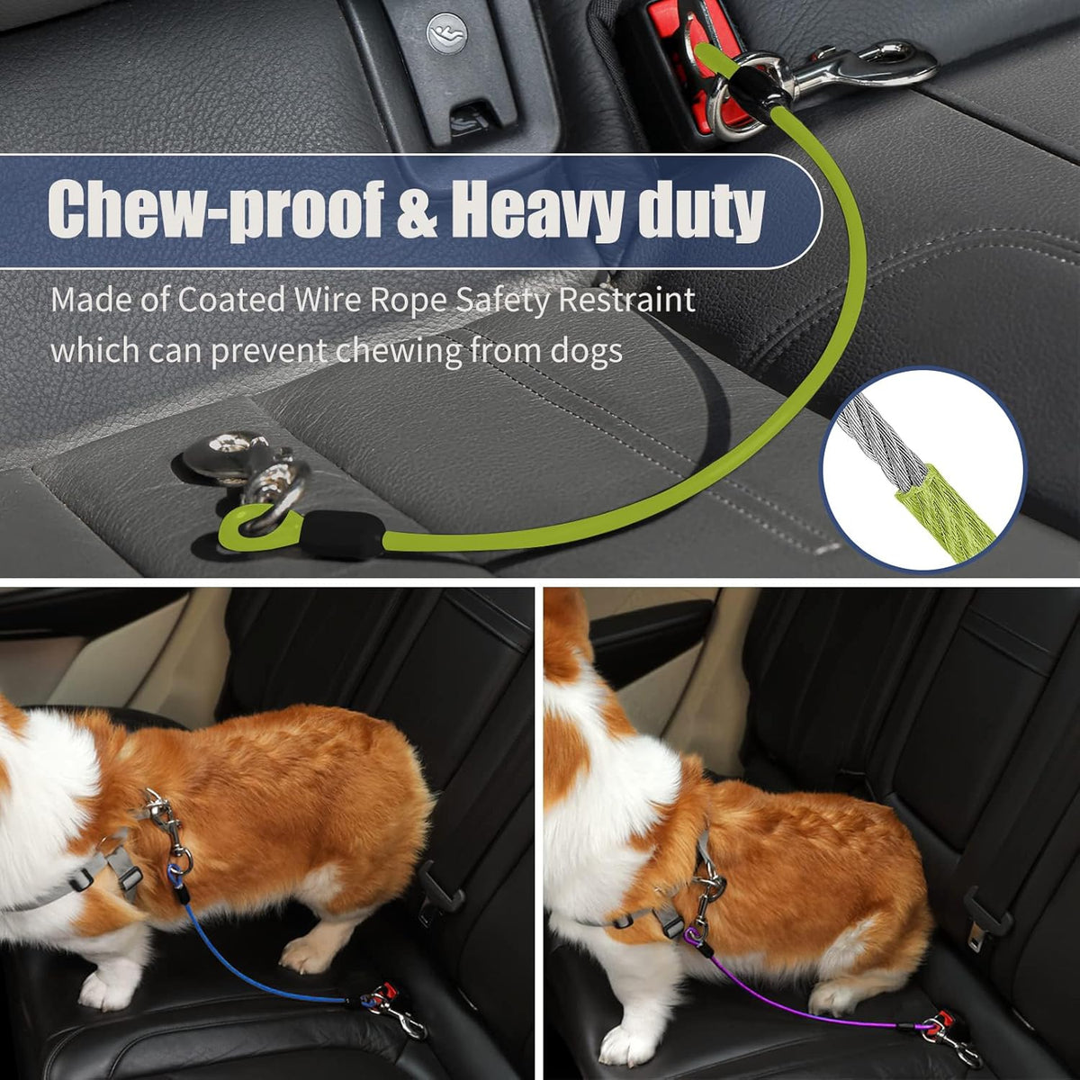 Dog Seat Belt Harness for Car,Dog Seatbelt of Coated Wire Leash Safety Restraint,No Chew Tether Cable Vehicle,Double Clips & Latch (Green, 32 inch/80 CM)