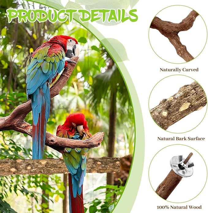 8PCS Natural Grape Wood Bird Perch Set - Parrot Cage Stand with Paw Grinding Forks, Chewing Sticks & Exercise Branches for Parakeets, Cockatiels, Conures, Budgies, Finches