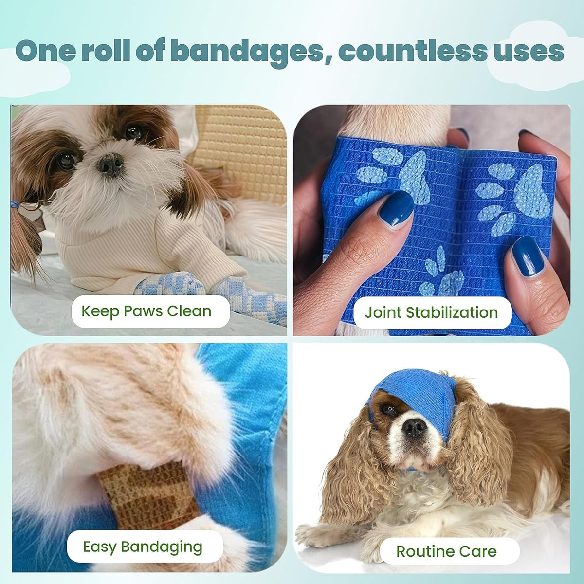 Pet Bandage 6 Rolls, Adhesive Bandage, Self Adhesive Bandage, First Aid Adhesive Gauze, for Horses, Dogs,Cats, Birds, Animals (Paw Prints, 2 Inch (Pack of 6))