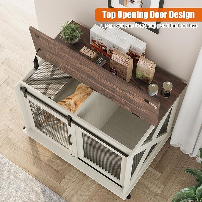 Dog Crate Furniture,37 Inch Indoor Dog Cage with Sliding Barn Door, Flip Top Dog Kennel End Table with Removable Divider, Farmhouse Wooden Pet House for Small to Middle Size Dogs