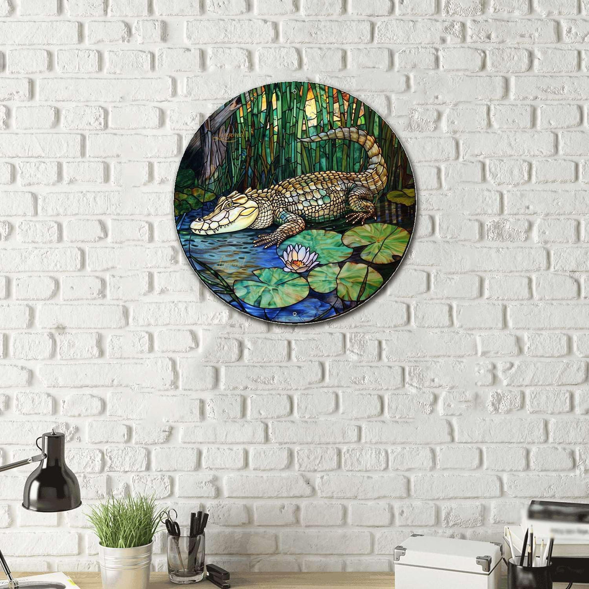 Lygond Metal Sign Tin Sign Circular Stained Glass Crocodile Tin Sign Gift for Garden 8×8 Inches