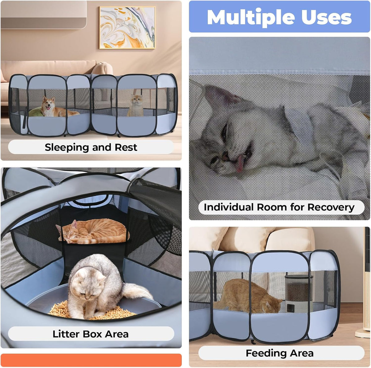 2-in-1 XLarge Pop Up Dog Playpen, Cat Puppy Pet Playpen, Indoor Outdoor Cats Enclosed, Cat Tent Crate Cage Kennel, Portable Playpen for Kitten and Small Animals(No Divider, Unified Space)