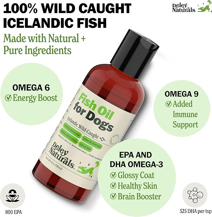 Deley Naturals Dog Fish Oil Icelandic 2X Omega - Dog Itching Skin Relief with Omega 3 6 9 for Allergies, Coat & Heart - Omega 3 Fish Oil for Dogs Skin Irritation - 4oz Omega Oil for Dogs Made in USA