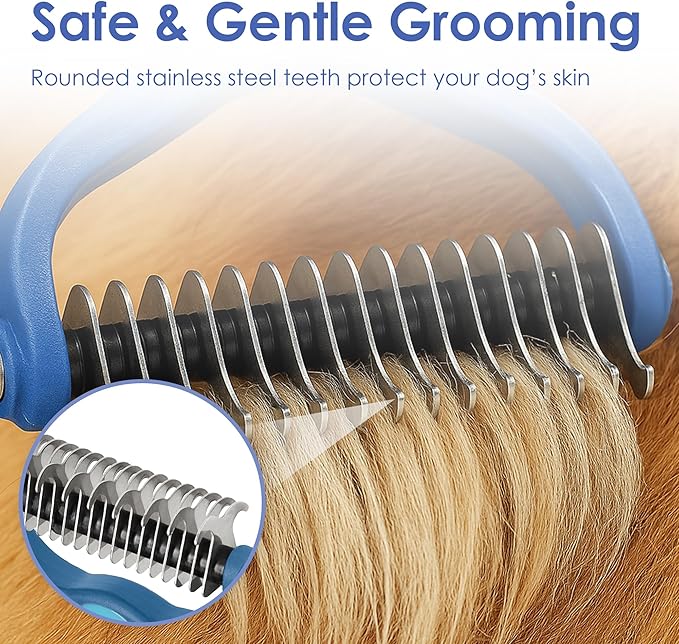 AKC-Dog & Cat Detangle Rake Style Brush | Durable & Effective | Anti- Slip & Easy Maintenance | Portable & Easy to Use | Stainless Steel Blades & Safety Guard | Detangling and Dematting Comb for Pets