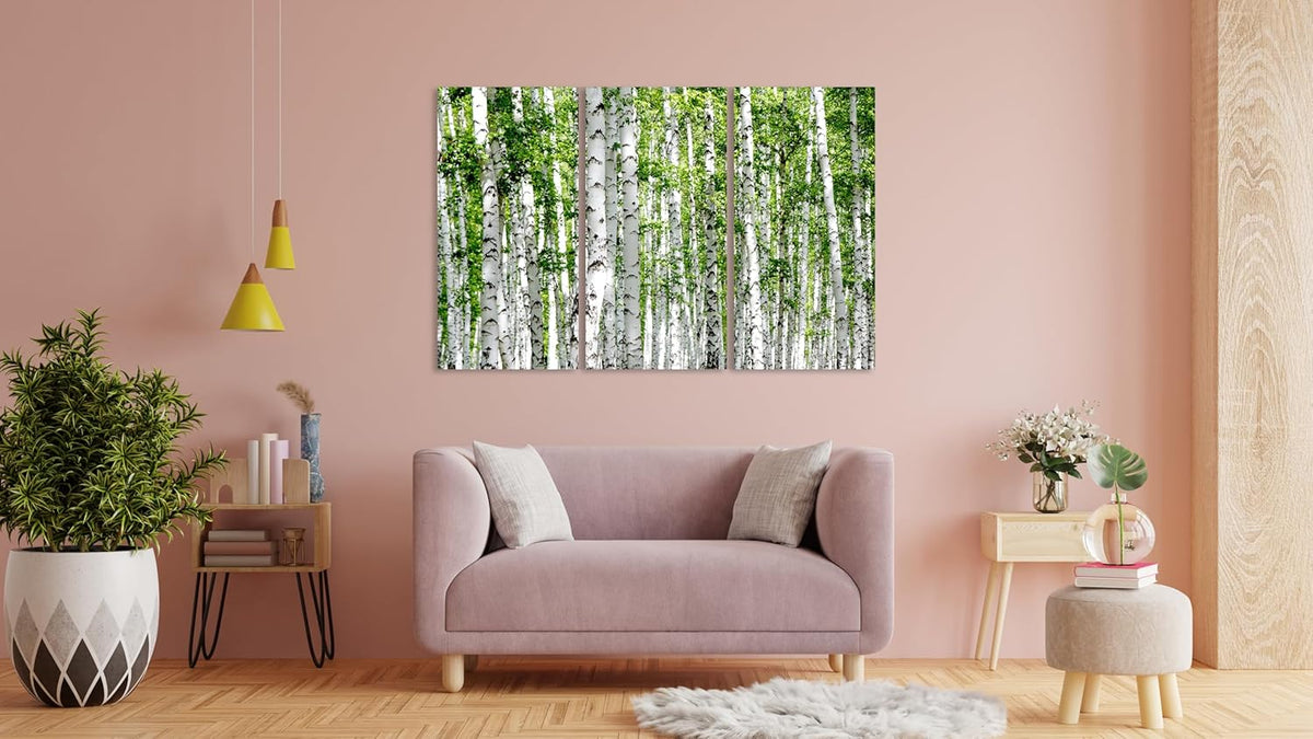 Nature Wall Art Prints - Ocean Forest Mountain Lake Canvas Landscapes - Small to Extra Large Living Room Bedroom Kitchen Bathroom Décor (Green Brich Trees, 31L" x 47W" - 3 Panels)