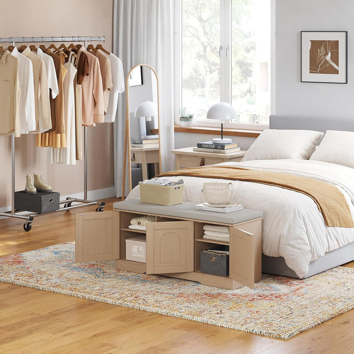 DINZI LVJ Shoe Bench, Entryway Storage Bench with Doors, Cushion, 2-Tier Shoe Rack with 6-Cubby, 39.4”L x 13.8”W Shoe Organizer Cabinet, Adjustable Shelf, Living Room, Bedroom, Natural