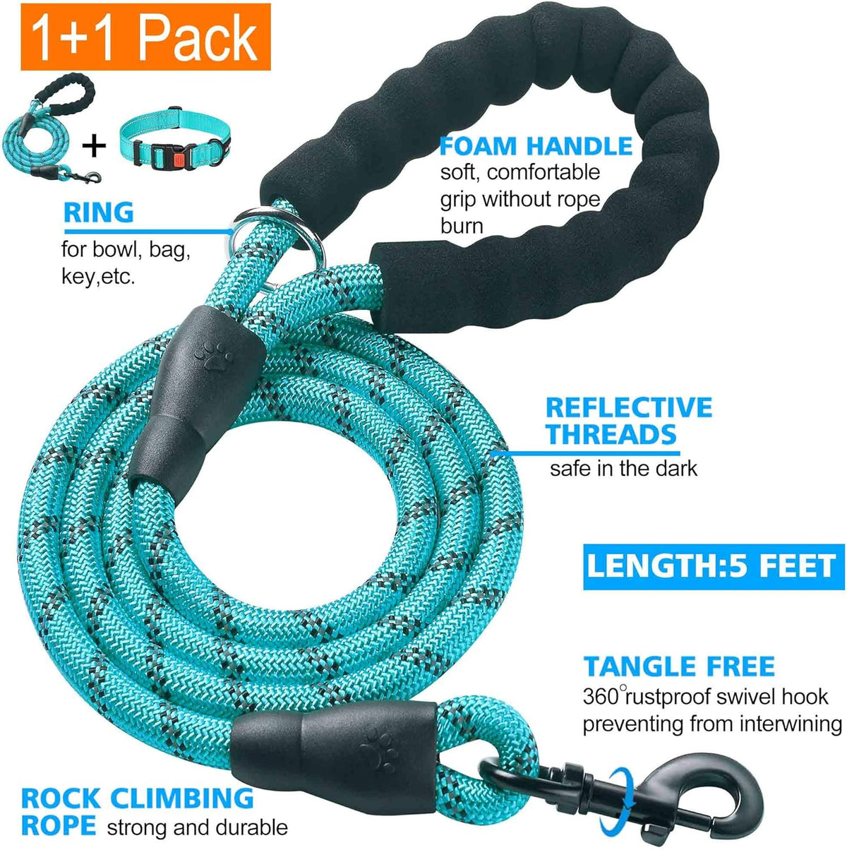 Heavy Duty Dog Leash - Comfortable Padded Handle, 5 ft Long - Dog Leashes for Small Medium Large Dogs (Leash+Collar XS Neck 10.5"-13.5", Blue)