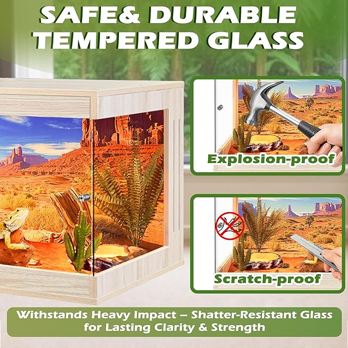 Royxen Tempered Glass Reptile Enclosure,Reptile Tank with Wooden Mesh Top and Lockable Design,32 Gallon Bearded Dragon Tank for Lizard Gecko Tortoise Snake Habitat,32" x 16" x 16",Oak